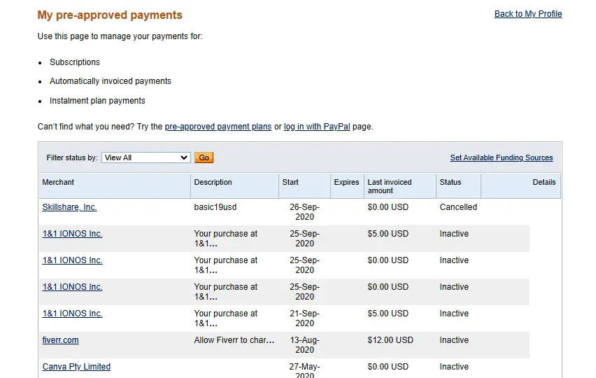 PayPal automatic recurring payment management dashboard