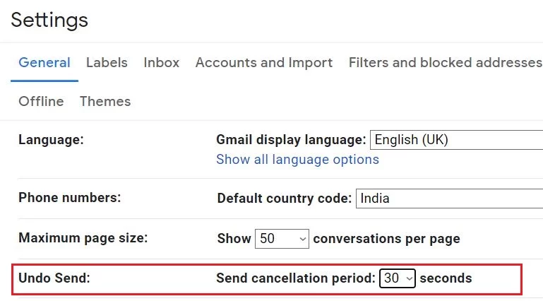 Undo option in Gmail settings