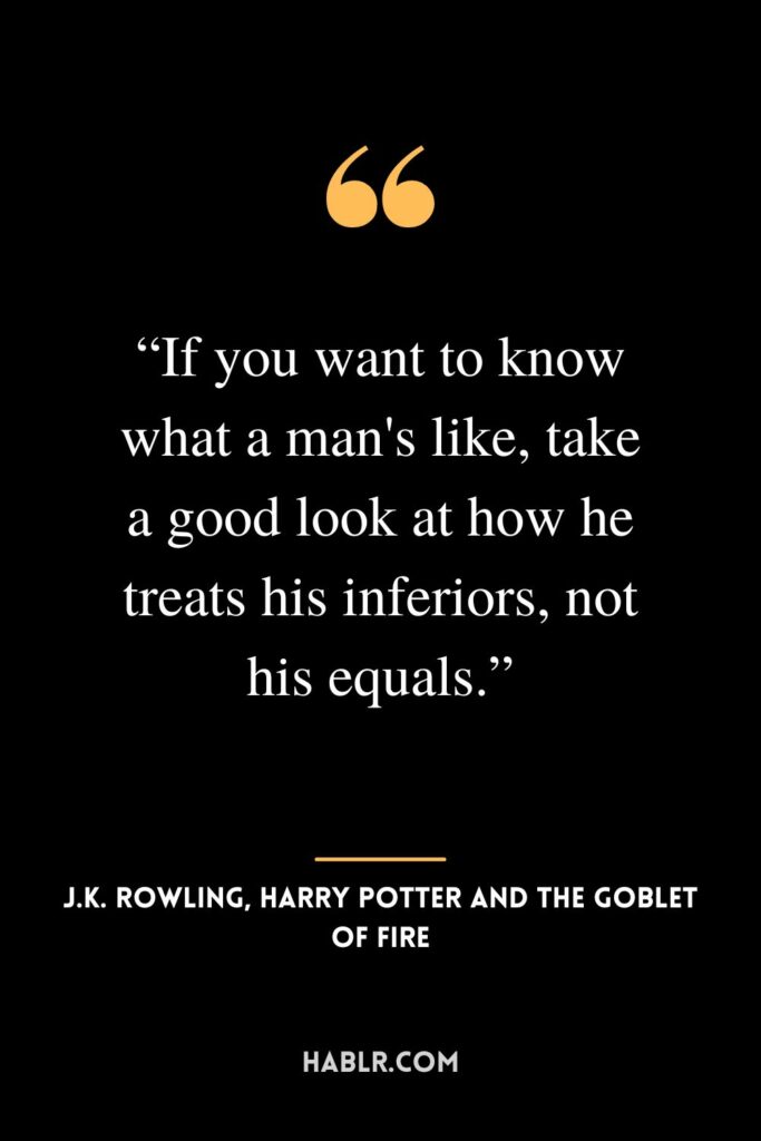 “If you want to know what a man's like, take a good look at how he treats his inferiors, not his equals.” ― J.K. Rowling, Harry Potter and the Goblet of Fire