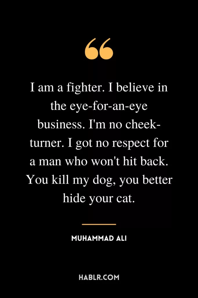 I am a fighter. I believe in the eye-for-an-eye business. I'm no cheek-turner. I got no respect for a man who won't hit back. You kill my dog, you better hide your cat.