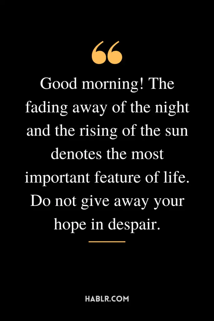 "Good morning! The fading away of the night and the rising of the sun denotes the most important feature of life. Do not give away your hope in despair."